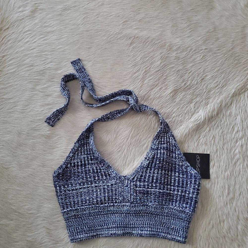 NEW Topshop Women’s Halter Top Size 4 Navy Blue Knit Crop Crochet Stretch Y2K